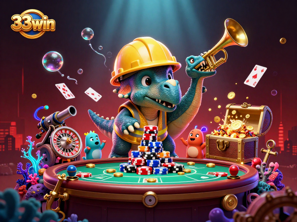 Engage with the 33win casino excitement, featuring a triceratops and poker elements in a vibrant underwater scene.