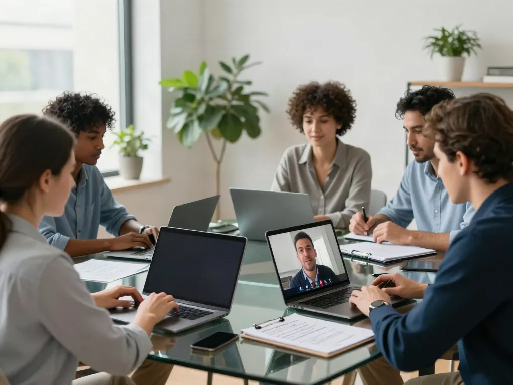 Deepfake free meetings with a diverse professional team in a modern conference room.