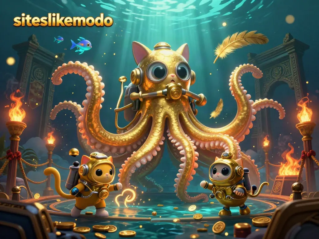Play thrilling games at siteslikemodo with a dynamic kraken and treasures in this captivating casino scene!