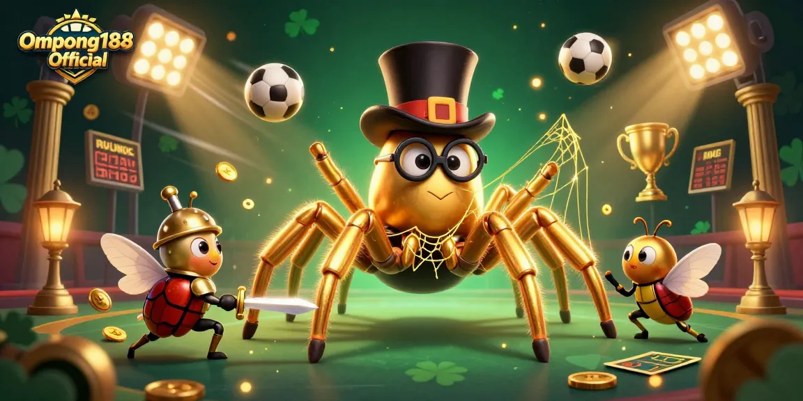 Ompong188 Official menampilkan tarantula emas raksasa dan ksatria kumbang yang berani dalam suasana kasino.