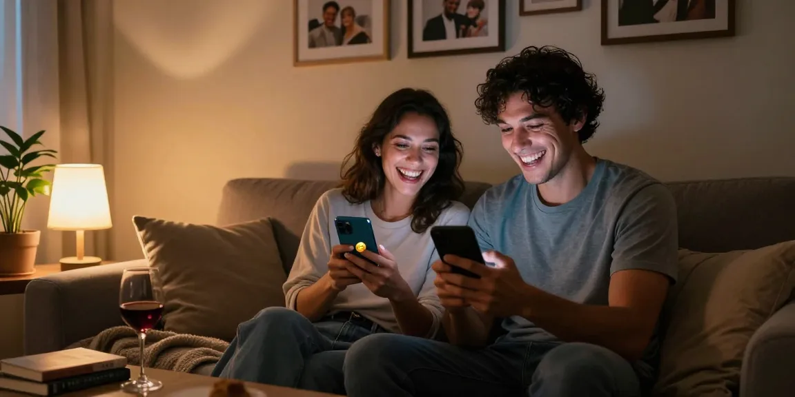 Couple enjoying ai sexting on smartphones in a cozy home setting