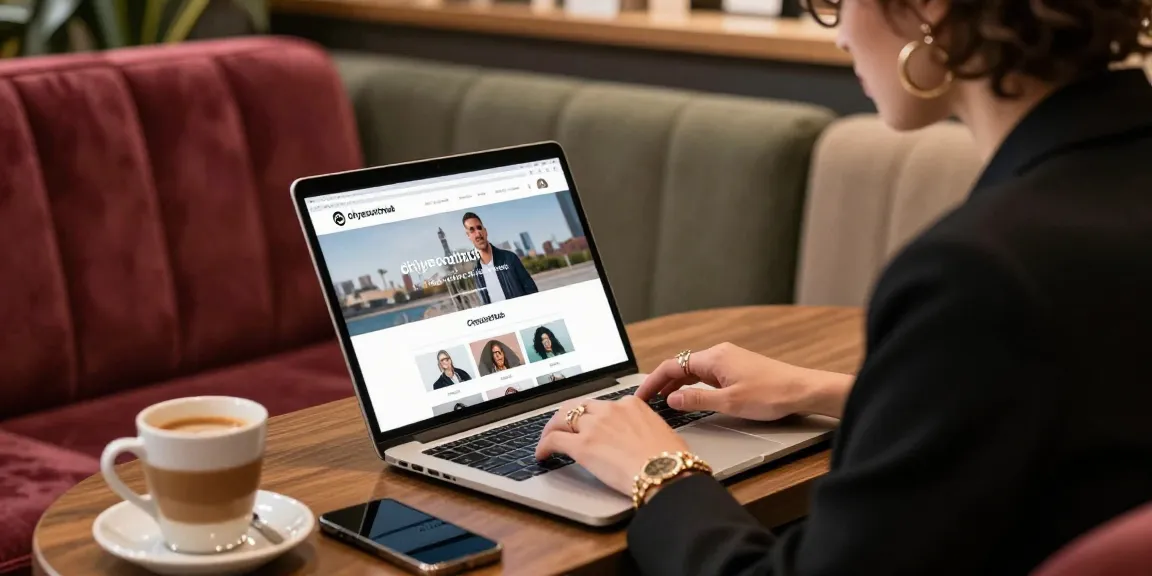 Stylish individual engaging with Cityescorthub content in a cozy urban cafe setting.