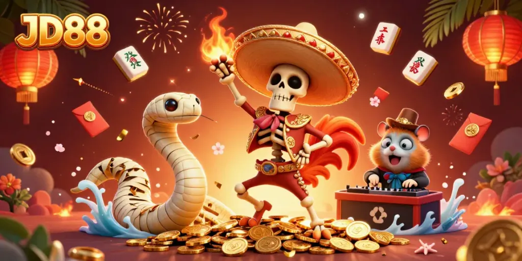 Experience vibrant JD88 gaming action with colorful characters amidst festival riches.