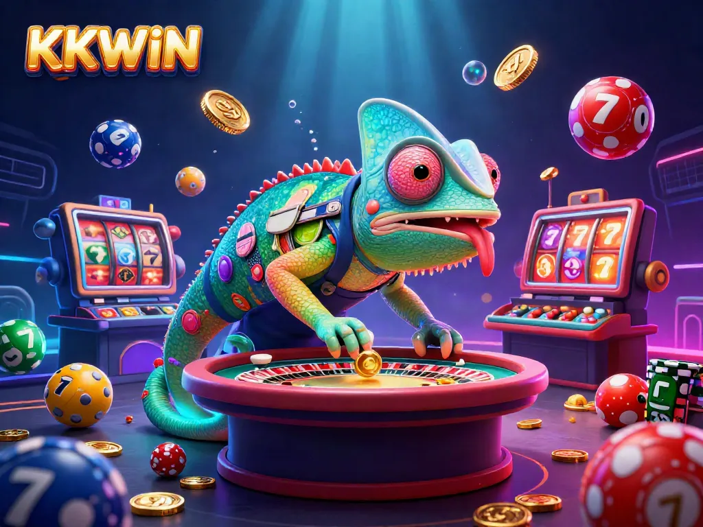 Engaging KKWIN casino scene with vibrant chameleon character and dynamic gaming elements.