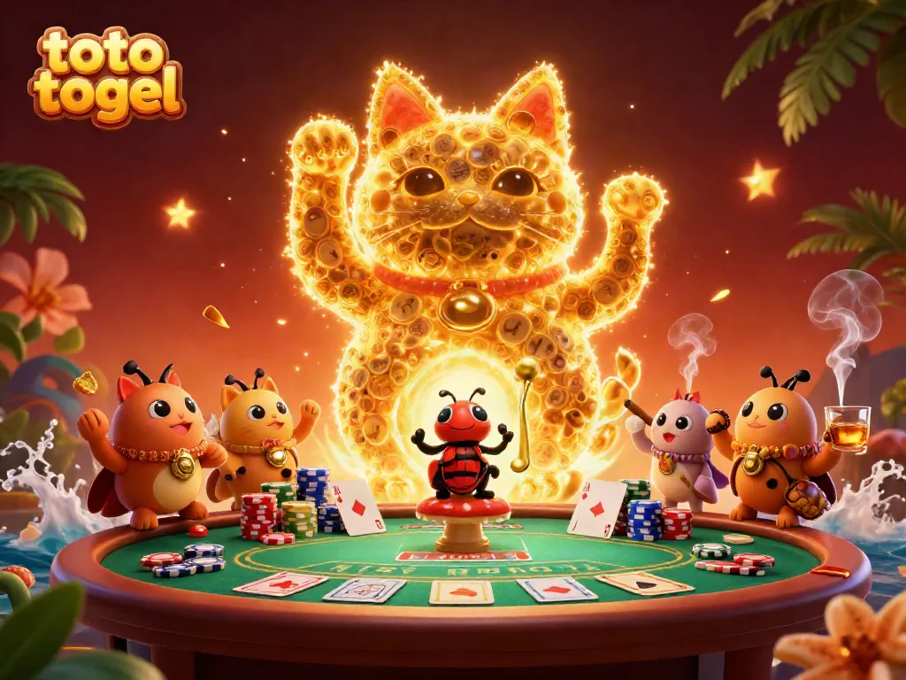 Experience the excitement of toto togel with a vibrant 3D illustration featuring a lucky cat and poker elements in a casino setting.
