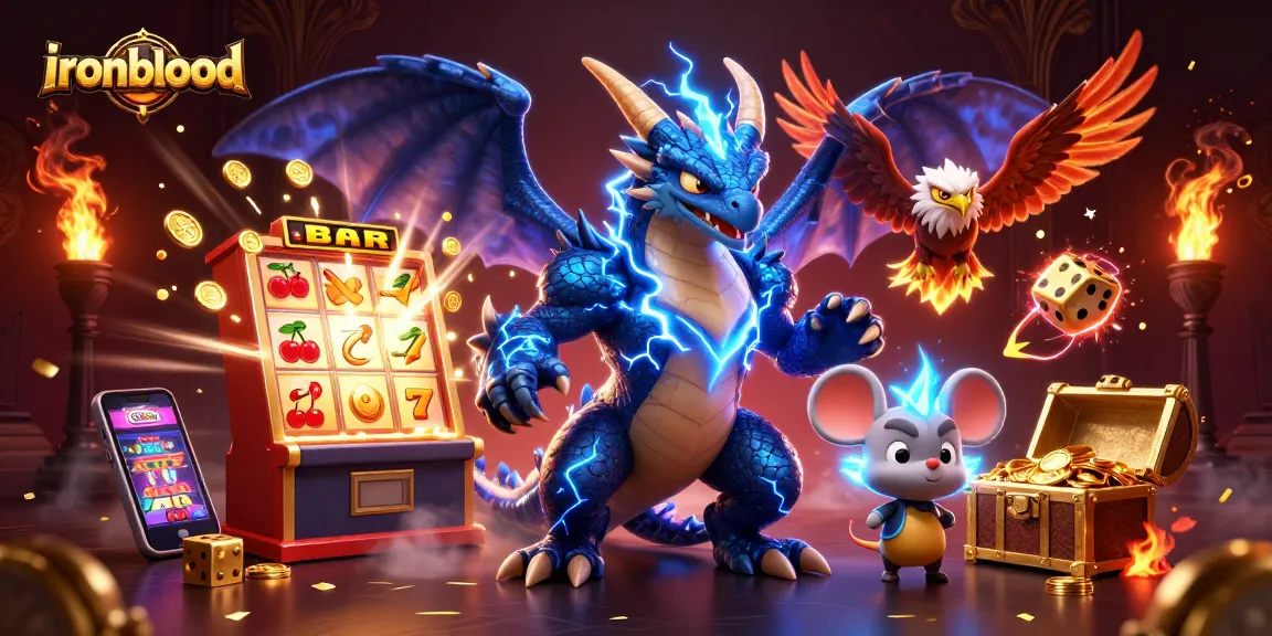 Win big with ironblood-themed 3D digital illustration showcasing vibrant casino elements and characters.