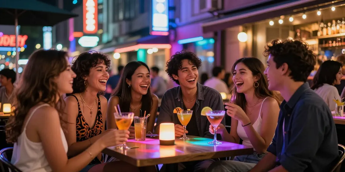 Engaging nightlife scene showcasing friends enjoying drinks at 유흥사이트 in a vibrant urban setting.