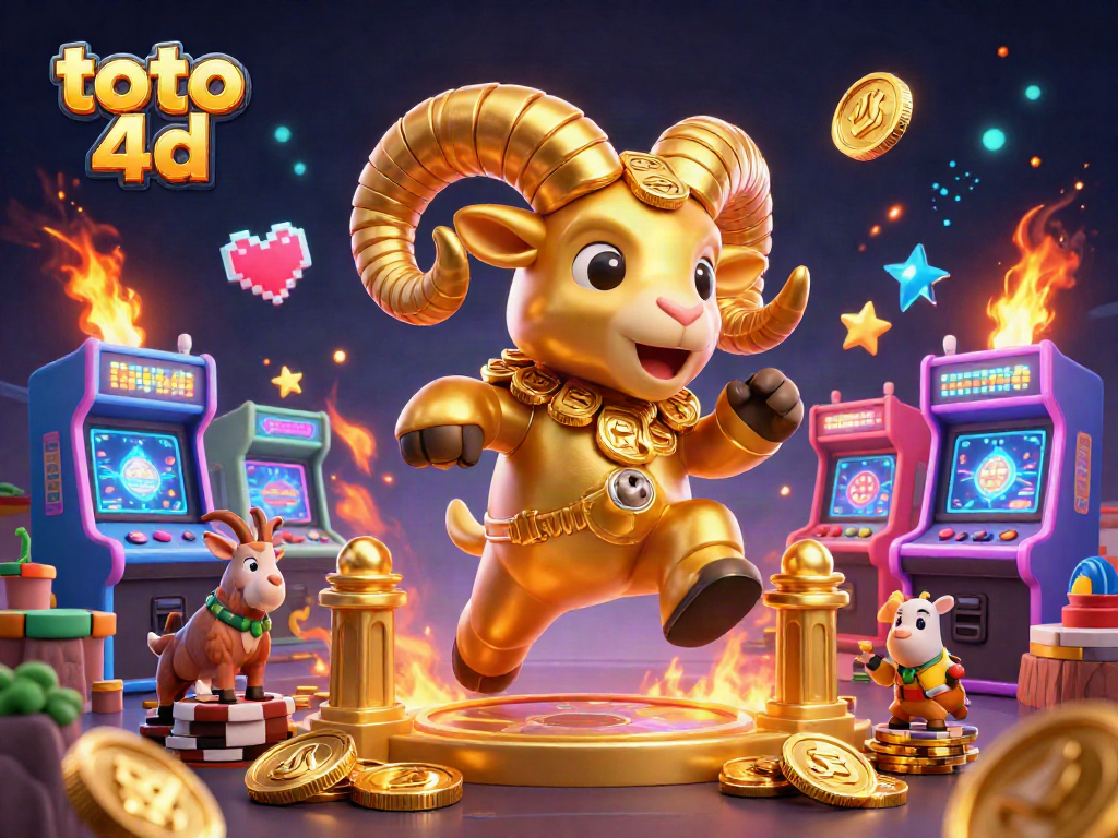 Engage in Toto 4D excitement with a golden ram charging through a colorful casino scene.