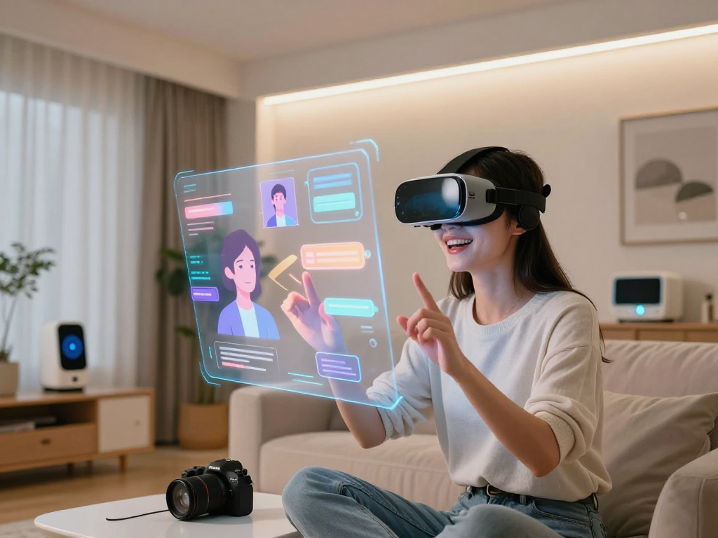 Engaging scene showcasing an AI girlfriend interaction in a modern living room.