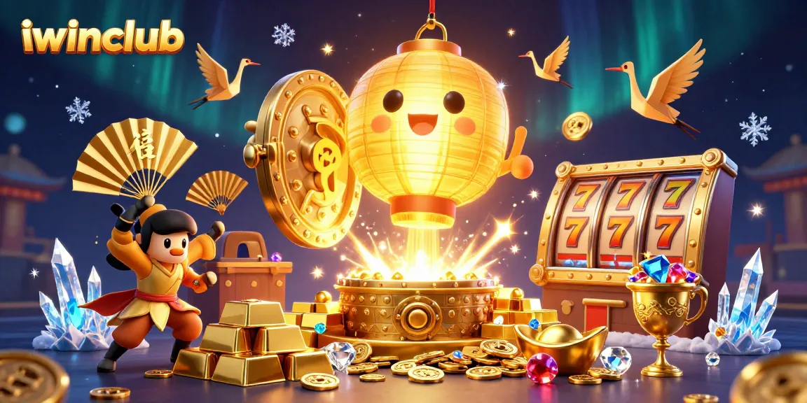 Experience the vibrant energy of iwinclub with a dazzling 3D illustration showcasing a golden lantern spirit amidst casino treasures.