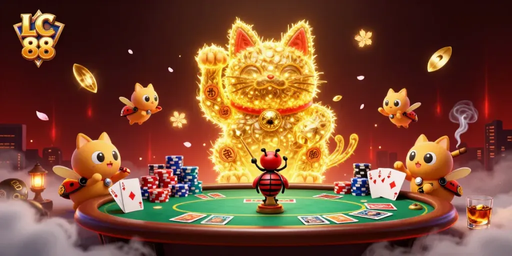 Experience the excitement of LC 88 with a vibrant casino scene featuring a lucky cat and poker elements.