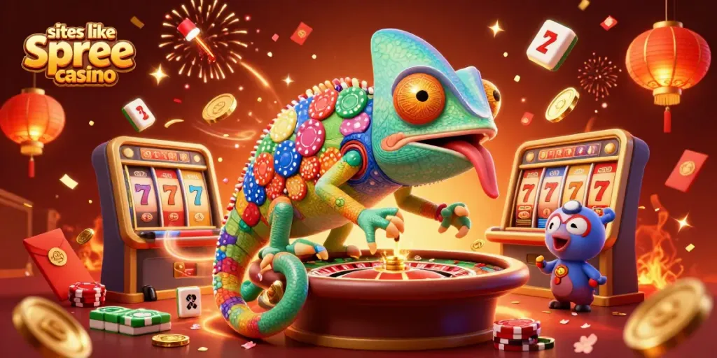 Experience gaming excitement at sites like spree casino with vibrant 3D illustration showcasing popular casino games and characters
