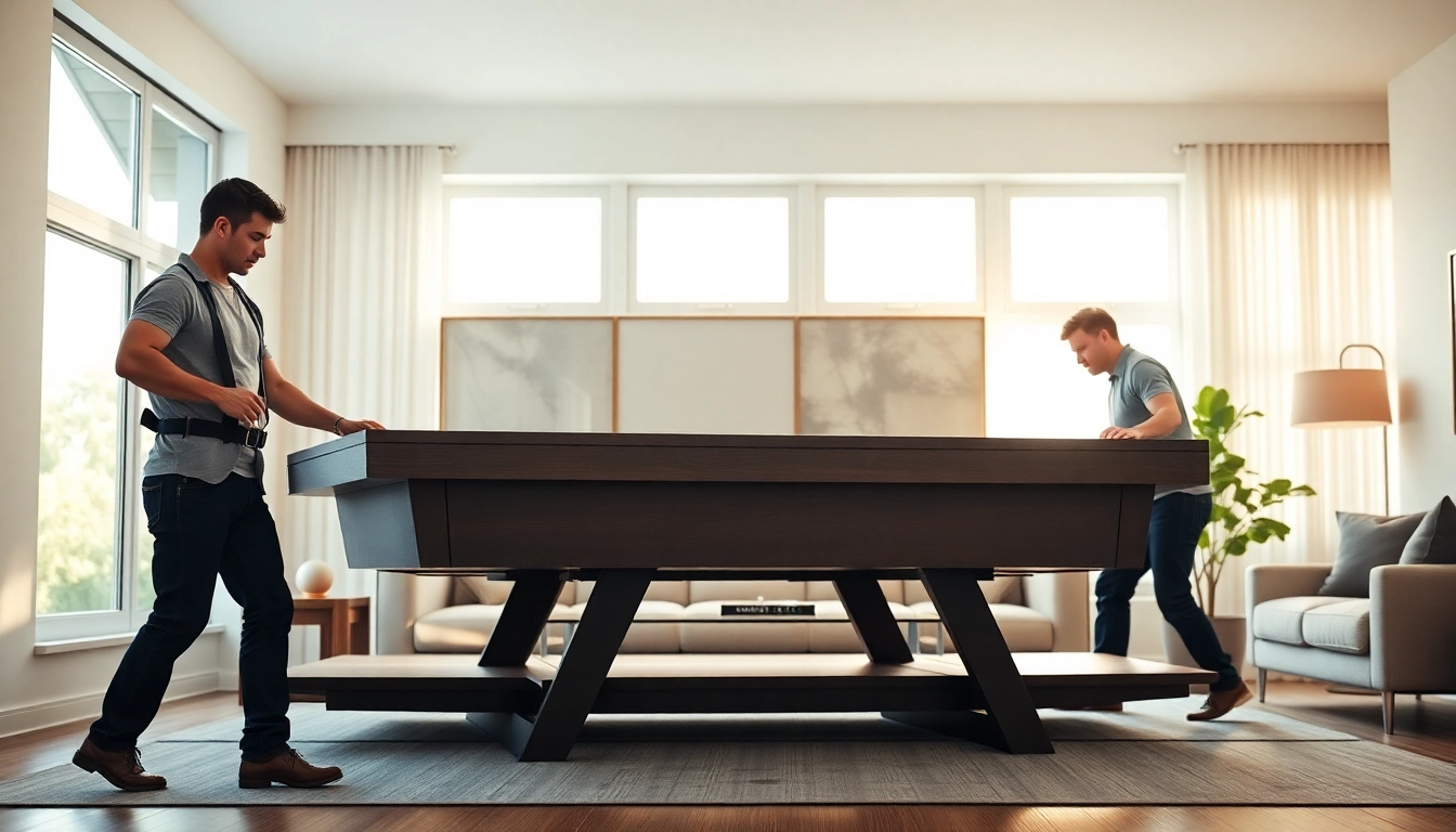 Expert pool table movers dallas carefully relocating a slate table in a stylish living room.