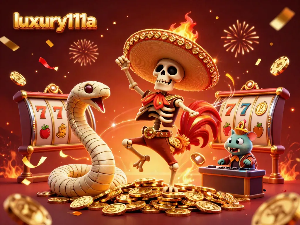 Engage with luxury111a's vibrant casino scene showcasing a festive skeleton mariachi rooster, mummy snake, and energetic zombie DJ.