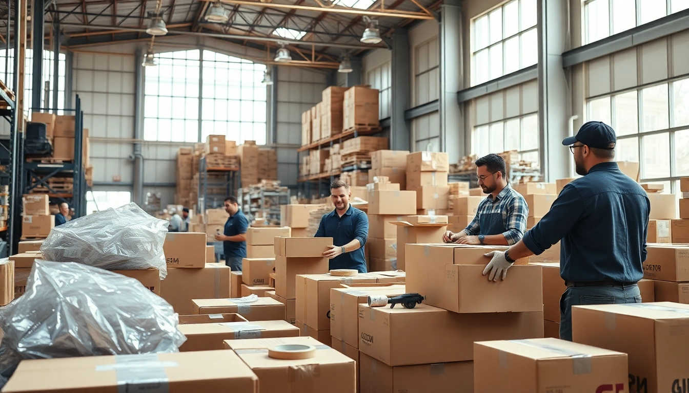 Showcasing packaging services Chicago, workers efficiently manage colorful boxes and materials in a spacious warehouse.