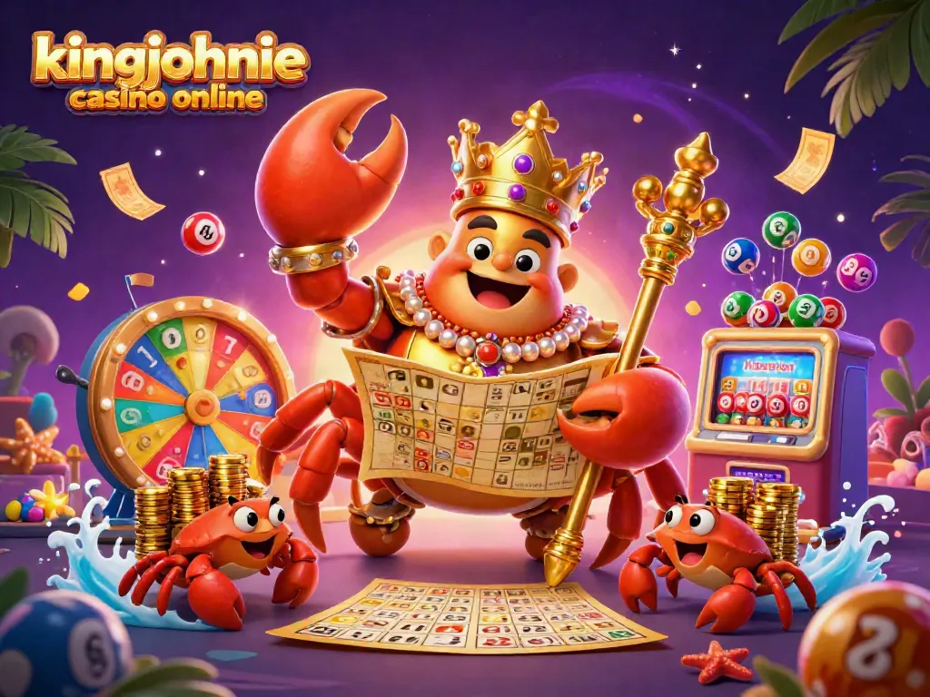 Experience thrilling wins at kingjohnnie casino online with a vibrant illustration of golden crab emperor and exciting lottery elements.