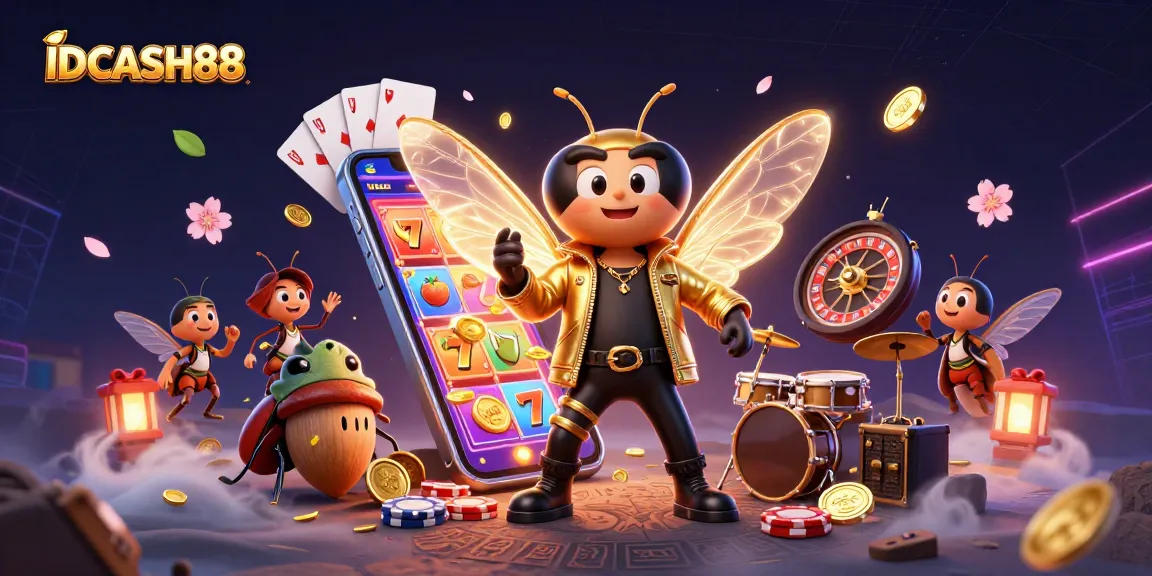 Experience thrilling gameplay at IDCASH88 with vibrant slot games and engaging characters in a dynamic casino scene.