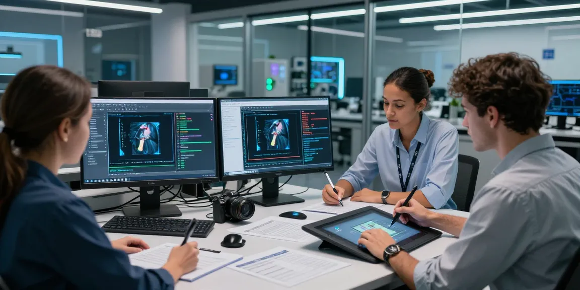 Team collaborating on AI-Generated Image Detection in a digital forensics lab, analyzing authenticity metrics