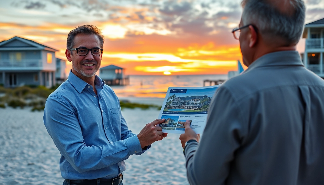 Pensacola FL real estate agent discussing property details with clients at a scenic beachside.