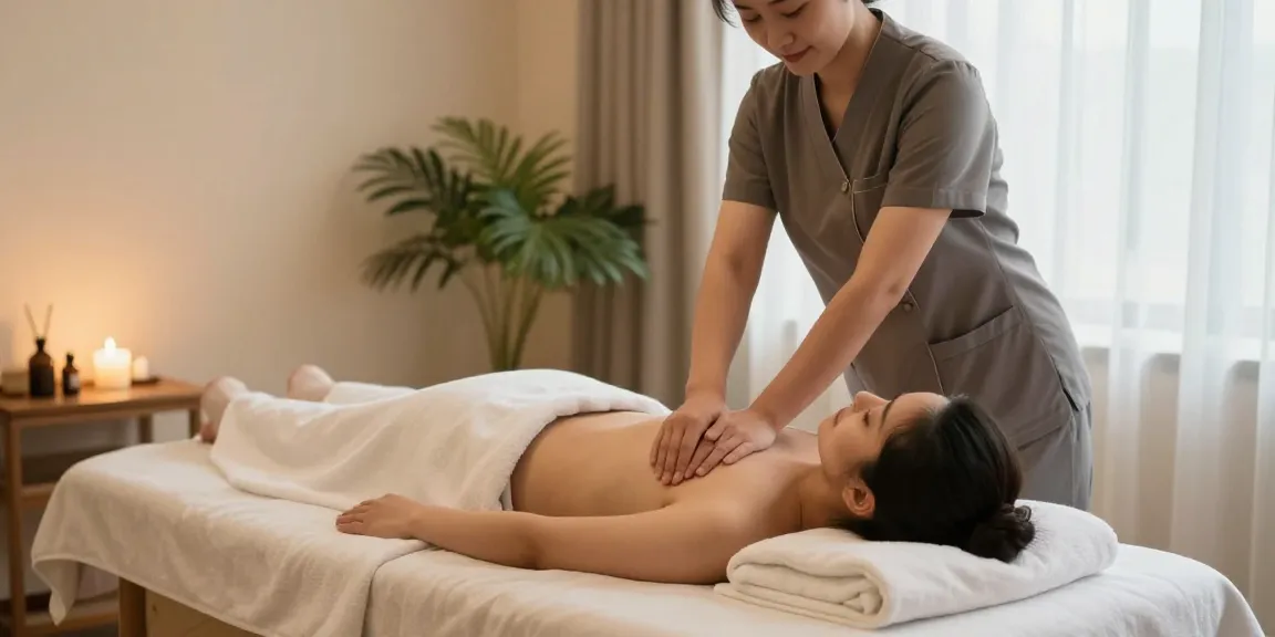 마사지 치료를 받고 있는 고객과 전문가의 편안한 스파 환경