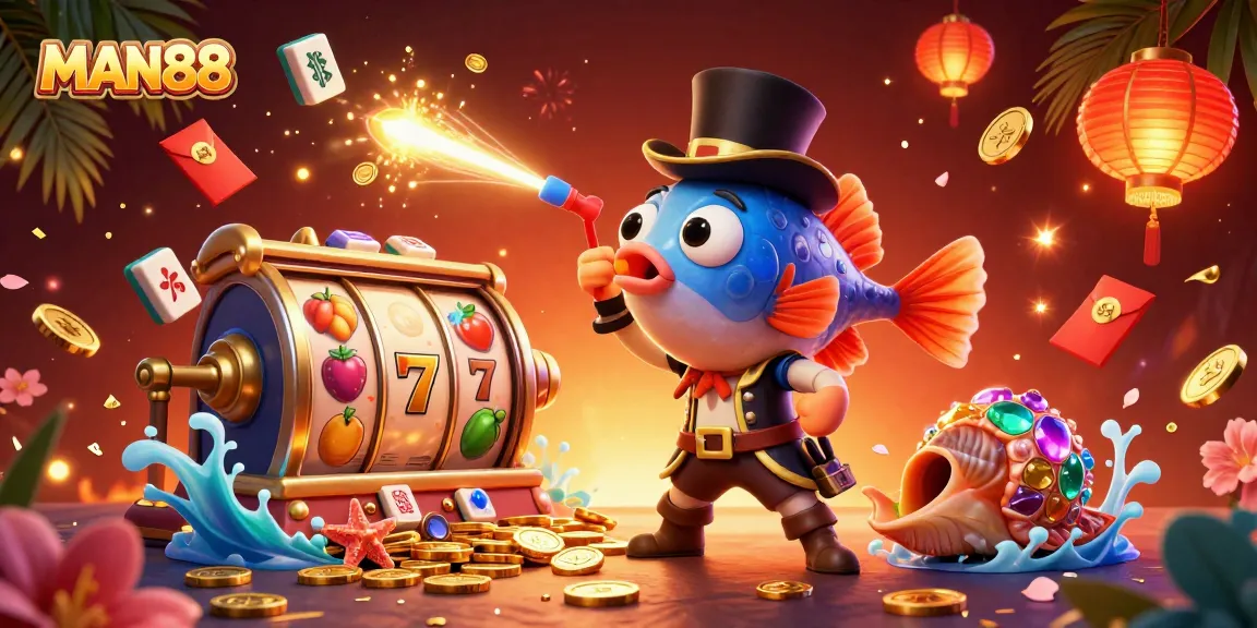 Engage with MAN88 at this vibrant 3D casino scene featuring glowing coins, a deep-sea anglerfish, and festive game elements.