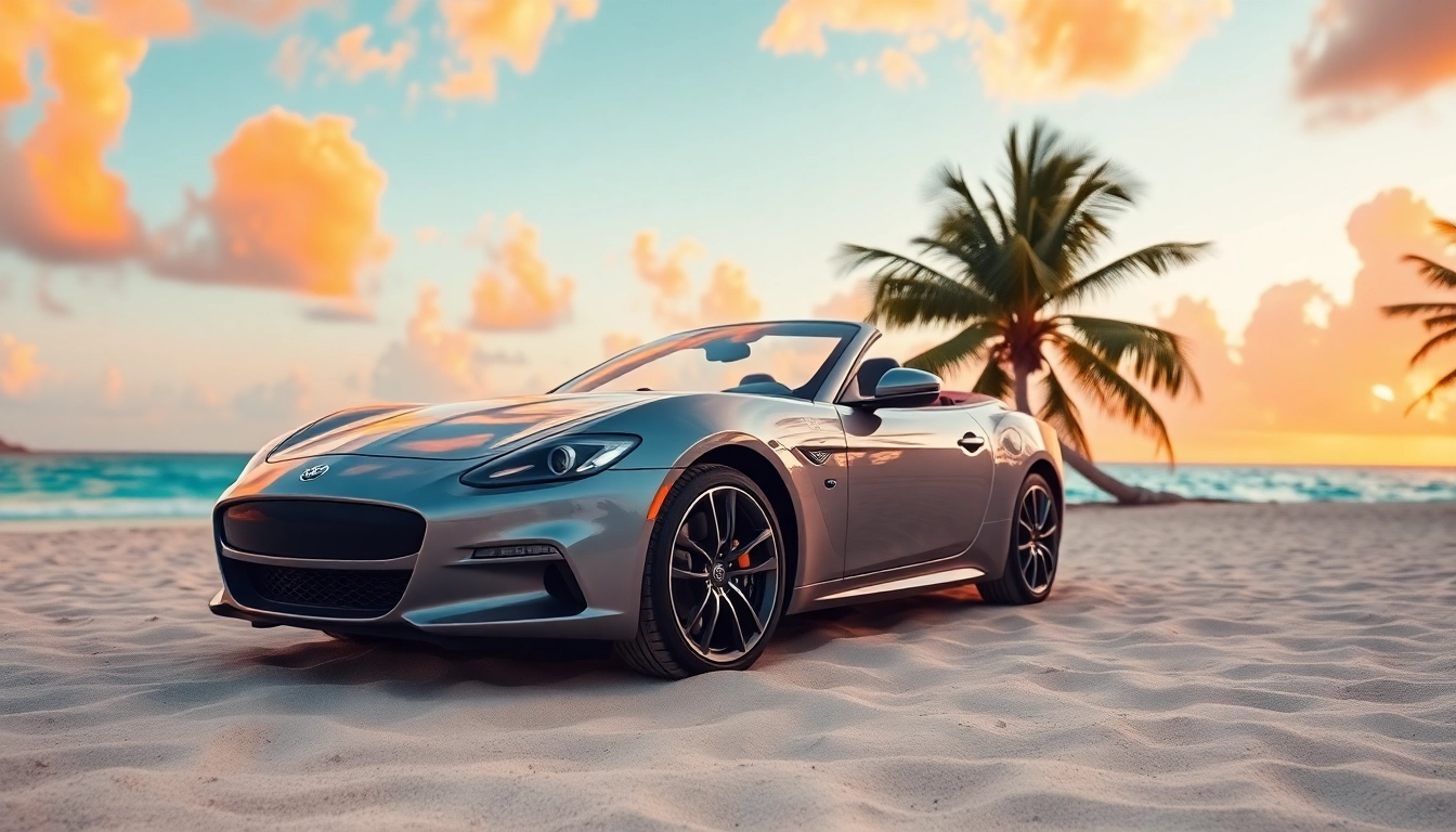 Experience st barth car rental with a convertible parked on a beautiful beach at sunset.