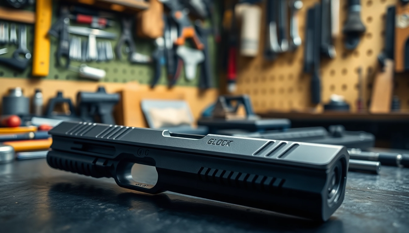 Showcasing a glock 17 slide in a workshop, highlighting craftsmanship and precision features.