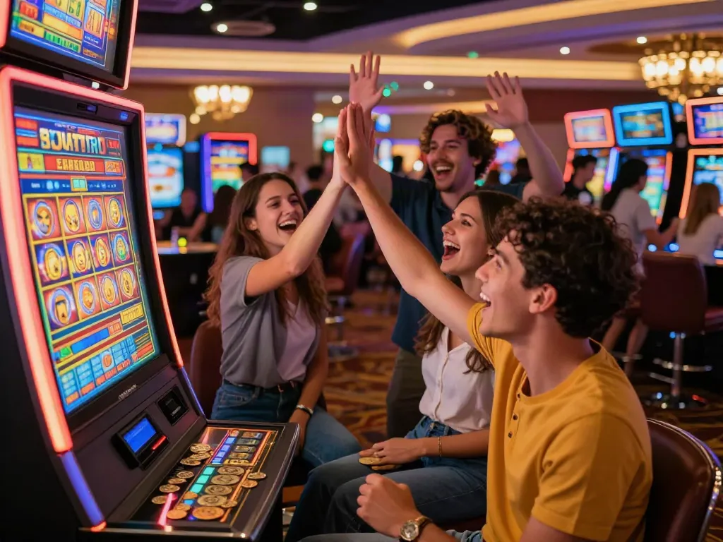 Slot777 merayakan kemenangan di mesin slot dengan teman-teman di kasino yang ramai.