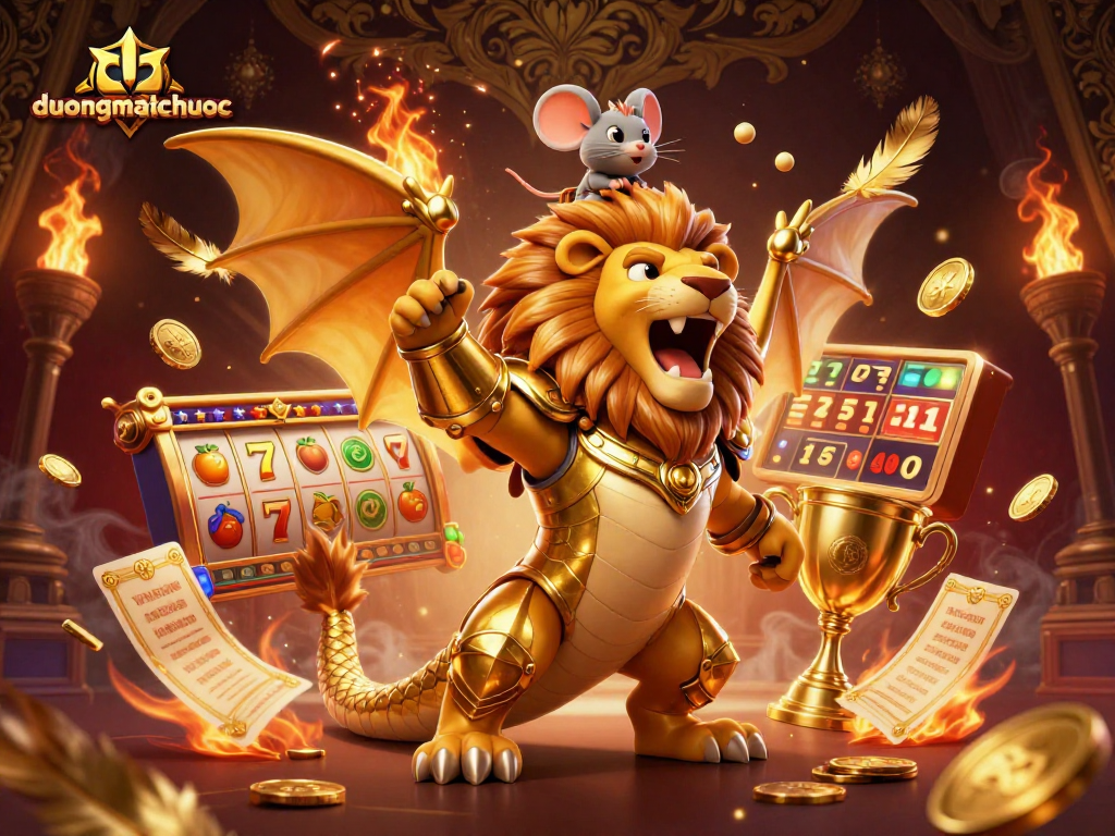 Engage in duongmatchuoc's vibrant slot play with a roaring chimera and dynamic casino elements.