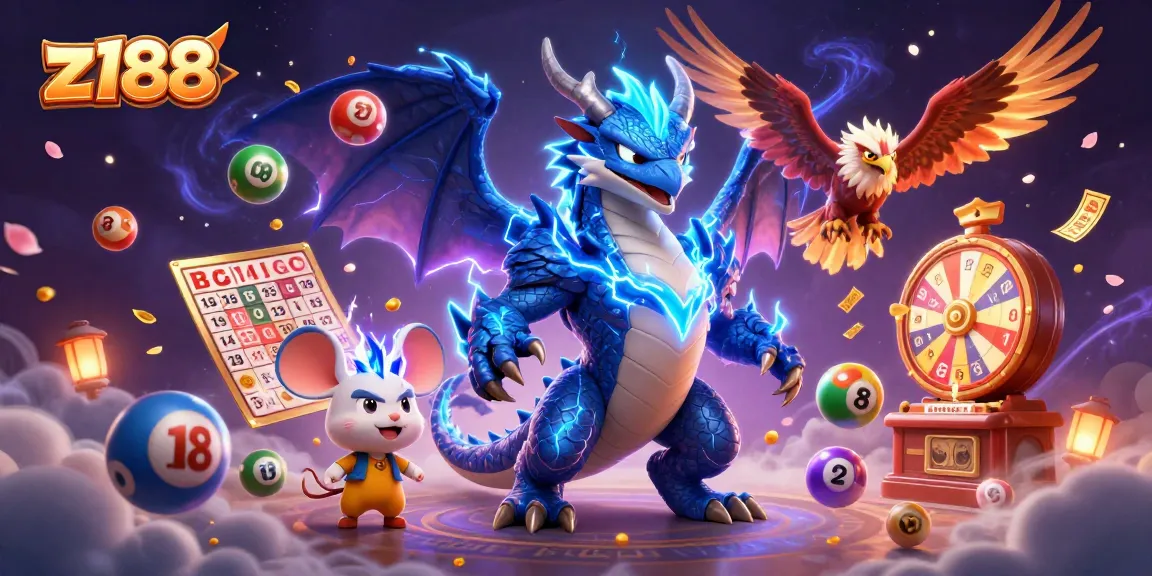 Engage with z188's energetic gaming extravaganza featuring a thunder dragon and colorful lottery elements.