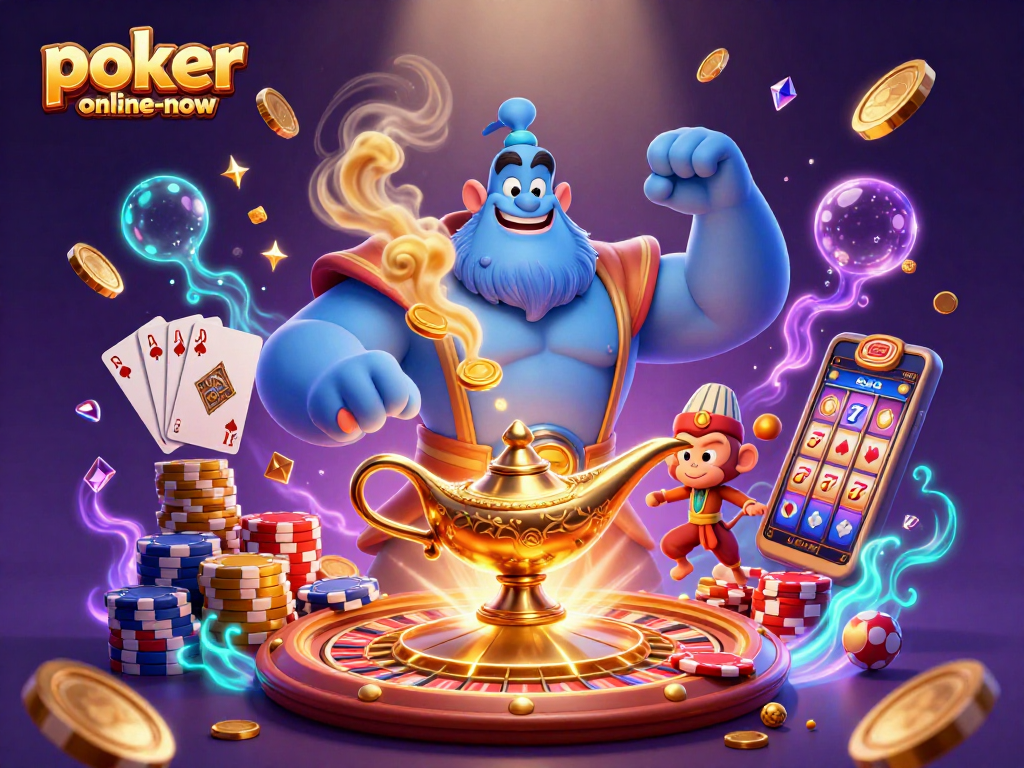 Engage in thrilling Casino Poker action with poker-online-now, featuring a dynamic 3D scene with characters, gaming elements, and casino atmosphere.