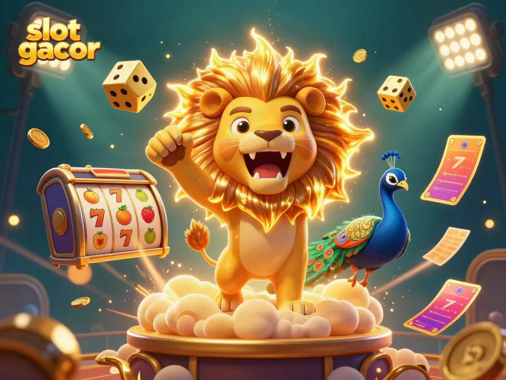 Slot gacor dengan simbol buah, jackpot, dan keberuntungan dalam ilustrasi kasino yang penuh warna.