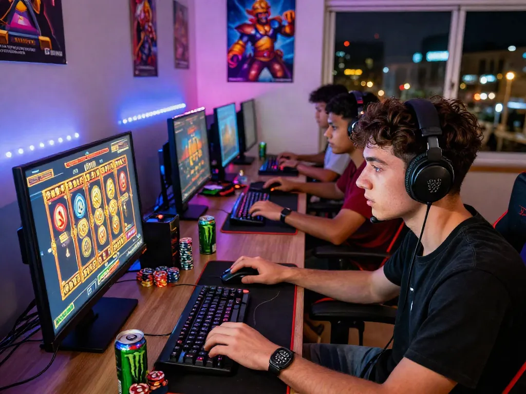 Pemain slot88 yang antusias menikmati permainan slot online dalam suasana gaming yang hidup dan penuh warna.