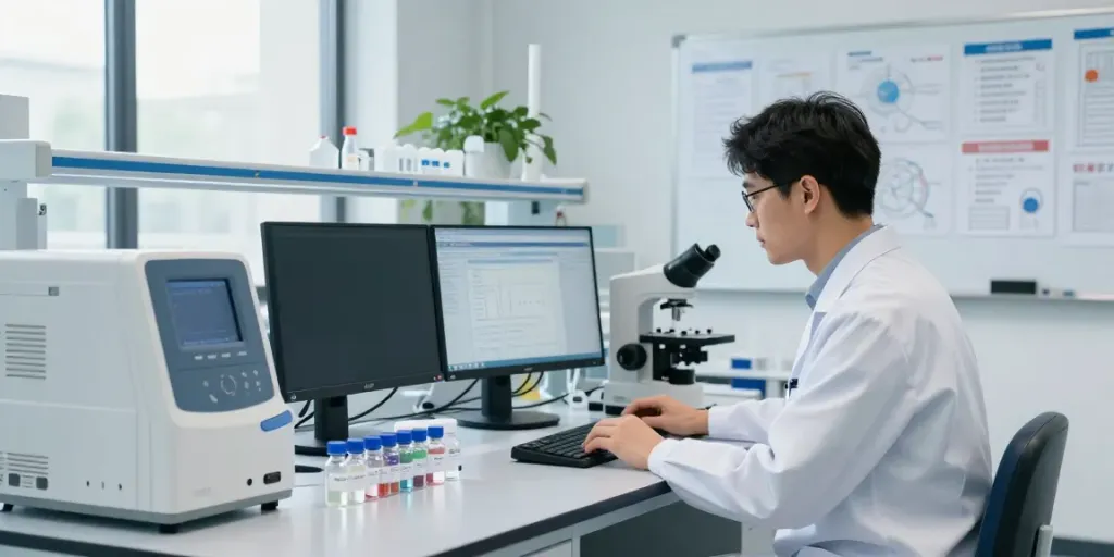 Researcher analyzing mazdu peptide samples in a modern lab environment.