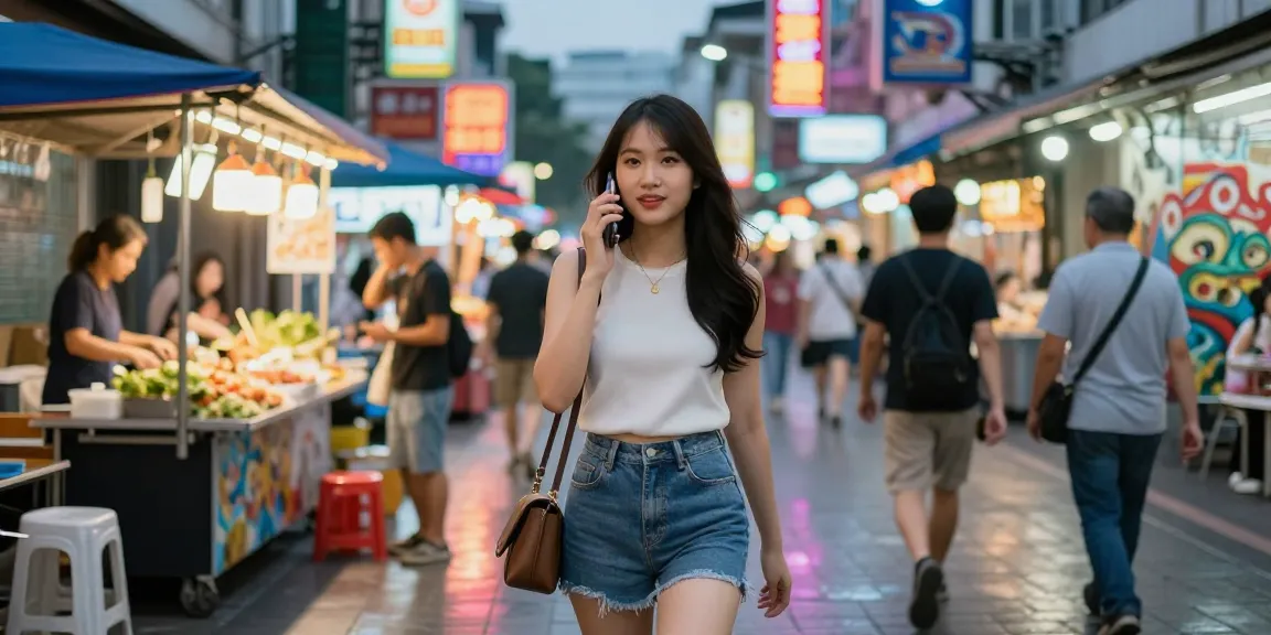 Chiều tối phố thị, gái gọi trong trang phục thời trang đang trò chuyện bằng điện thoại, nét đẹp tự tin giữa ồn ào cuộc sống.