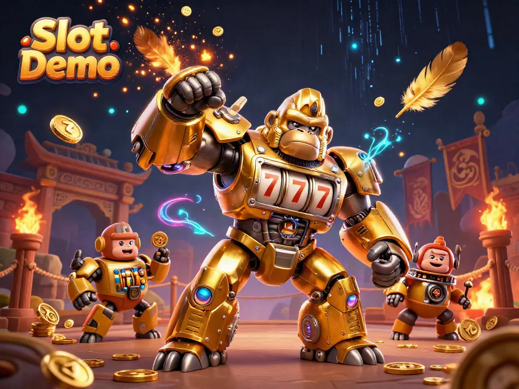 Play thrilling Slot Demo games with a dynamic golden gorilla mech and exciting casino elements.
