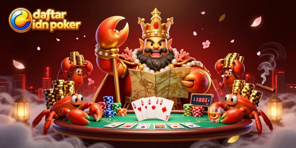 Engage with daftar idn poker excitement featuring a golden crab emperor and poker elements.