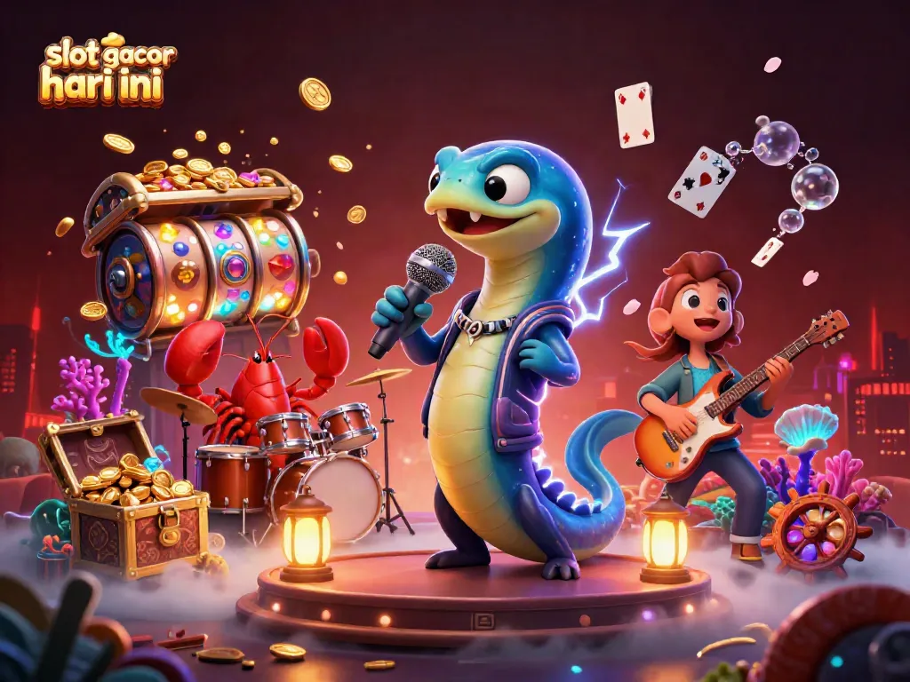 Menampilkan slot gacor hari ini dengan ikan listrik DJ dan band pendukung di panggung kasino bawah laut.