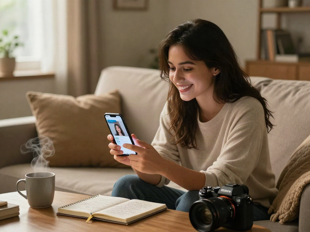 Young woman happily engaging with girlfriend AI on her smartphone in a cozy home setting.
