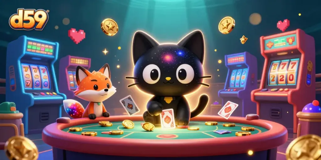Experience the vibrant d59 casino universe with a cosmic black hole cat and colorful arcade elements.
