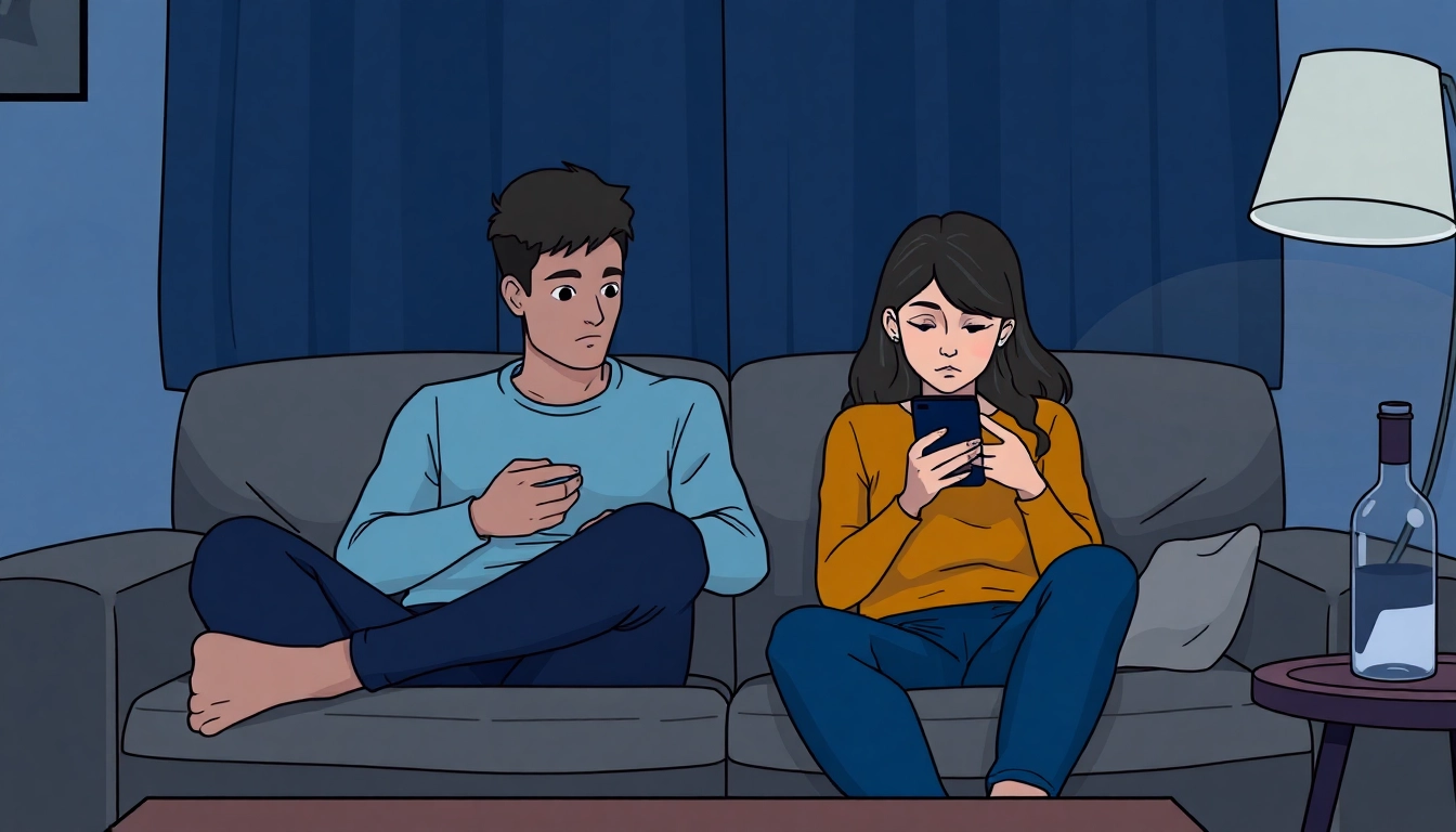 Recognizing emotional affair signs with a couple in a tense situation on a couch.