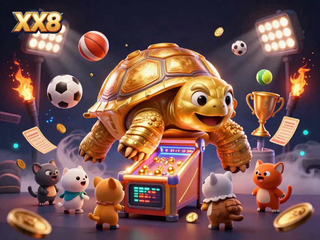 Experience gaming thrill with XX8, featuring a colossal golden tortoise and dynamic sports elements.