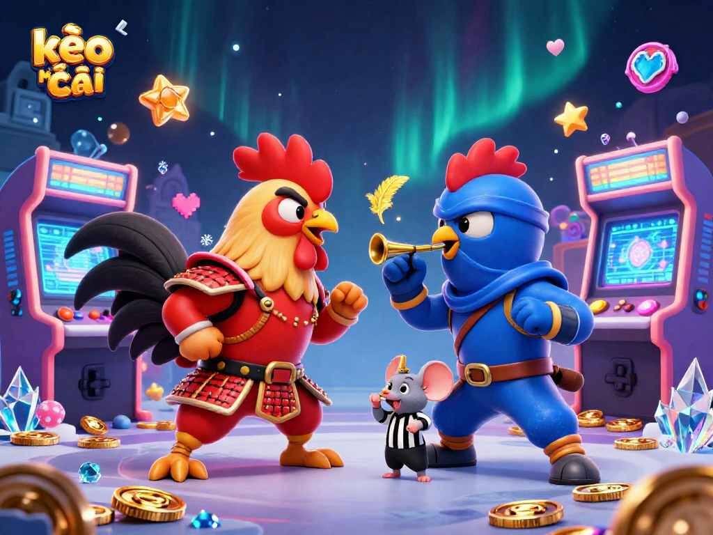Engage with kèo nhà cái in an exciting scene with cartoon roosters and vibrant gaming elements.