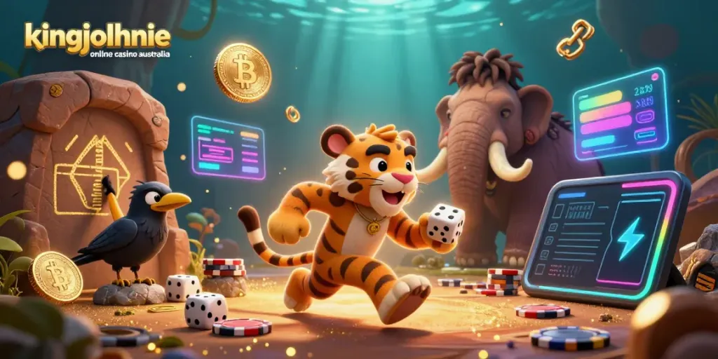 Engage with kingjohnnie online casino australia through a vibrant 3D prehistoric casino scene.