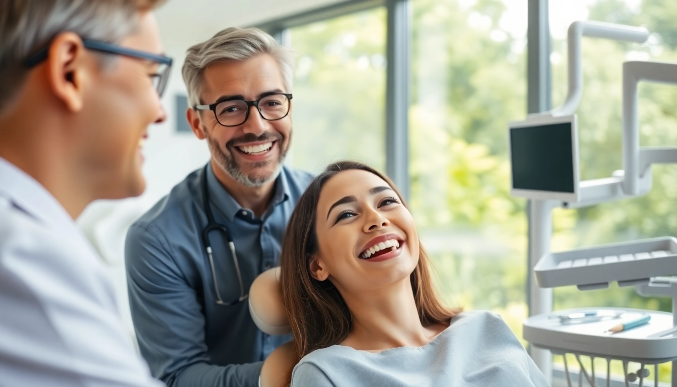 Engaging orthodontics consultation with a smiling patient in a bright dental office.