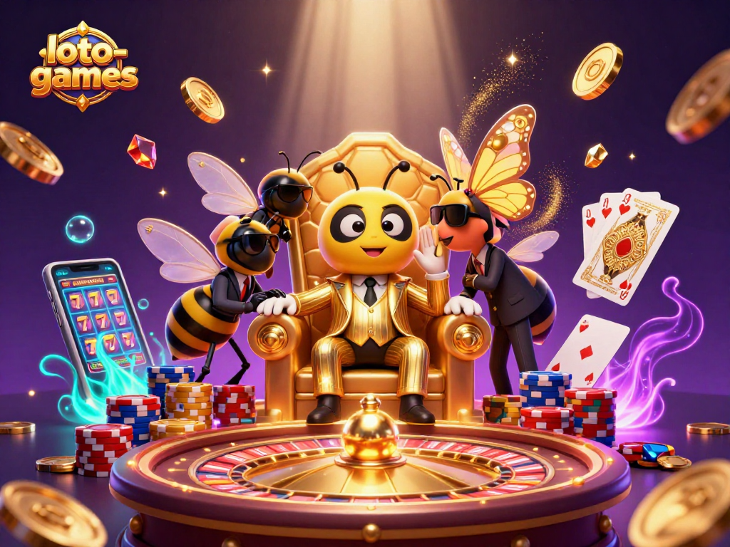 Engage in loto-games with a cartoon mob boss overseeing a vibrant casino scene filled with treasures.