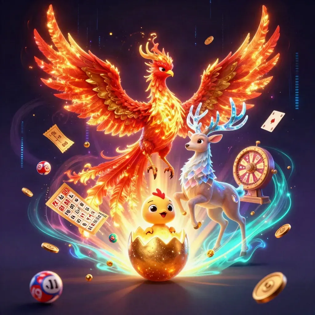 Fire phoenix, baby phoenix, and crystal stag amid casino loot and neon magic.
