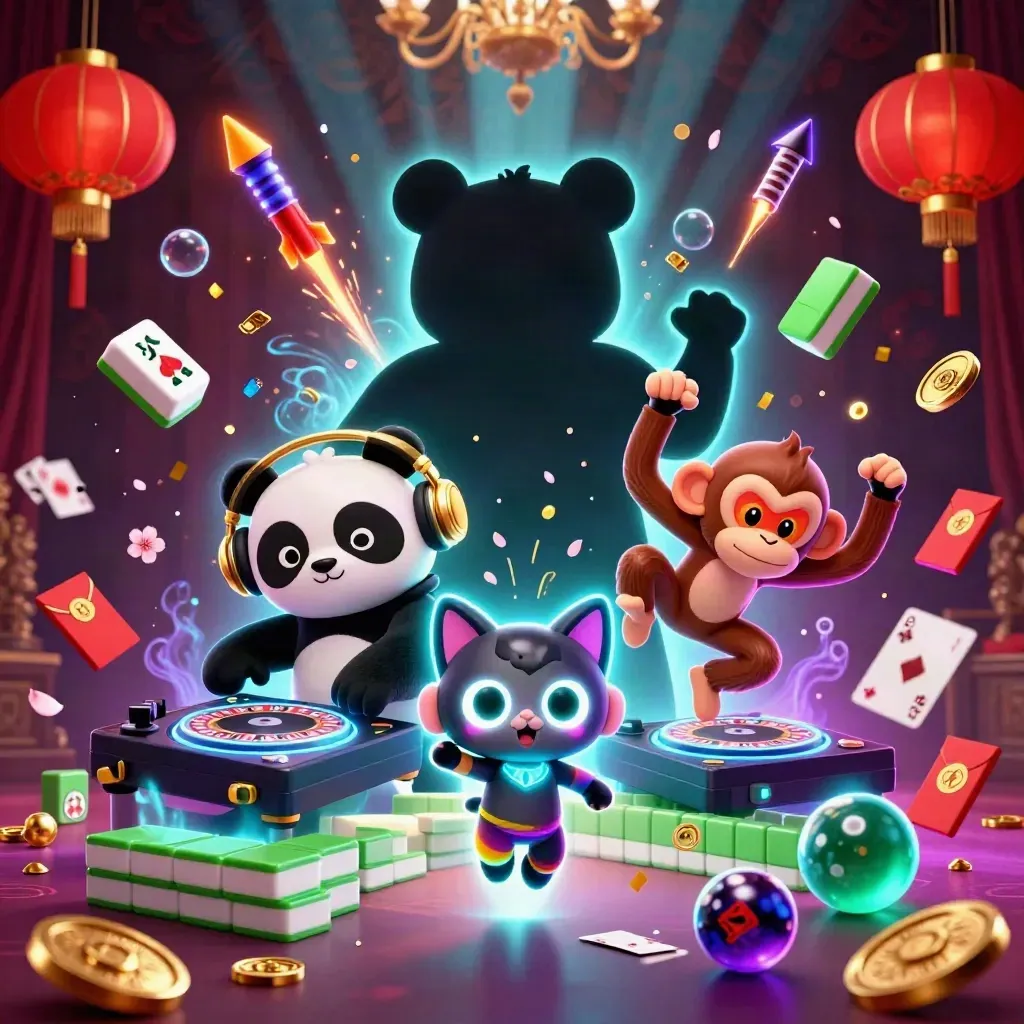 DJ panda, breakdancing monkey, and rave kitten amid neon casino loot and gold coins