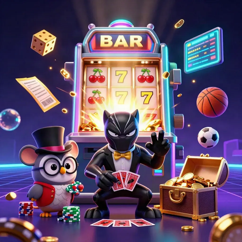 Tuxedo panther, owl, and mouse amid exploding slot symbols, gold, and neon casino lights.