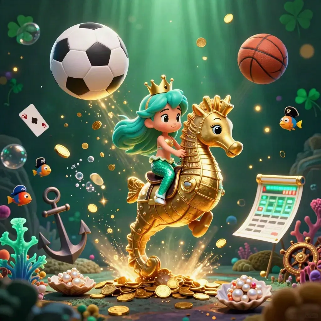 Mermaid princess on a golden seahorse amid coins, fish, and sports balls in a neon treasure cove